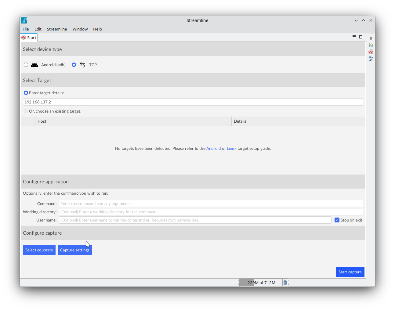 Image Alt Text:Streamline TCP settings dialog showing fields for entering the target hostname or IP address and port number. The dialog includes labels Hostname or IP and Port with example values entered. The window background is light gray with blue and white interface elements. The wider environment is a desktop application window focused on configuring a remote connection for profiling. The emotional tone is neutral and technical. alt-text