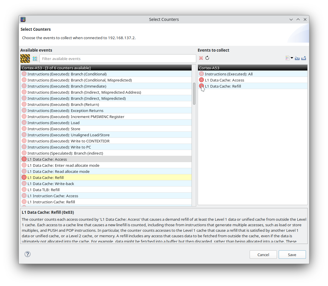 Image Alt Text:Streamline counter configuration dialog showing two counters, L1 data Cache Refill and L1 Data Cache Access, both enabled with Event-Based Sampling selected. The dialog includes checkboxes and dropdown menus for configuring counters. The wider environment is a desktop application window focused on performance profiling setup. Text in the image includes labels for the counters and options for enabling EBS. The emotional tone is neutral and technical, supporting a step-by-step configuration process for Arm performance analysis. alt-text