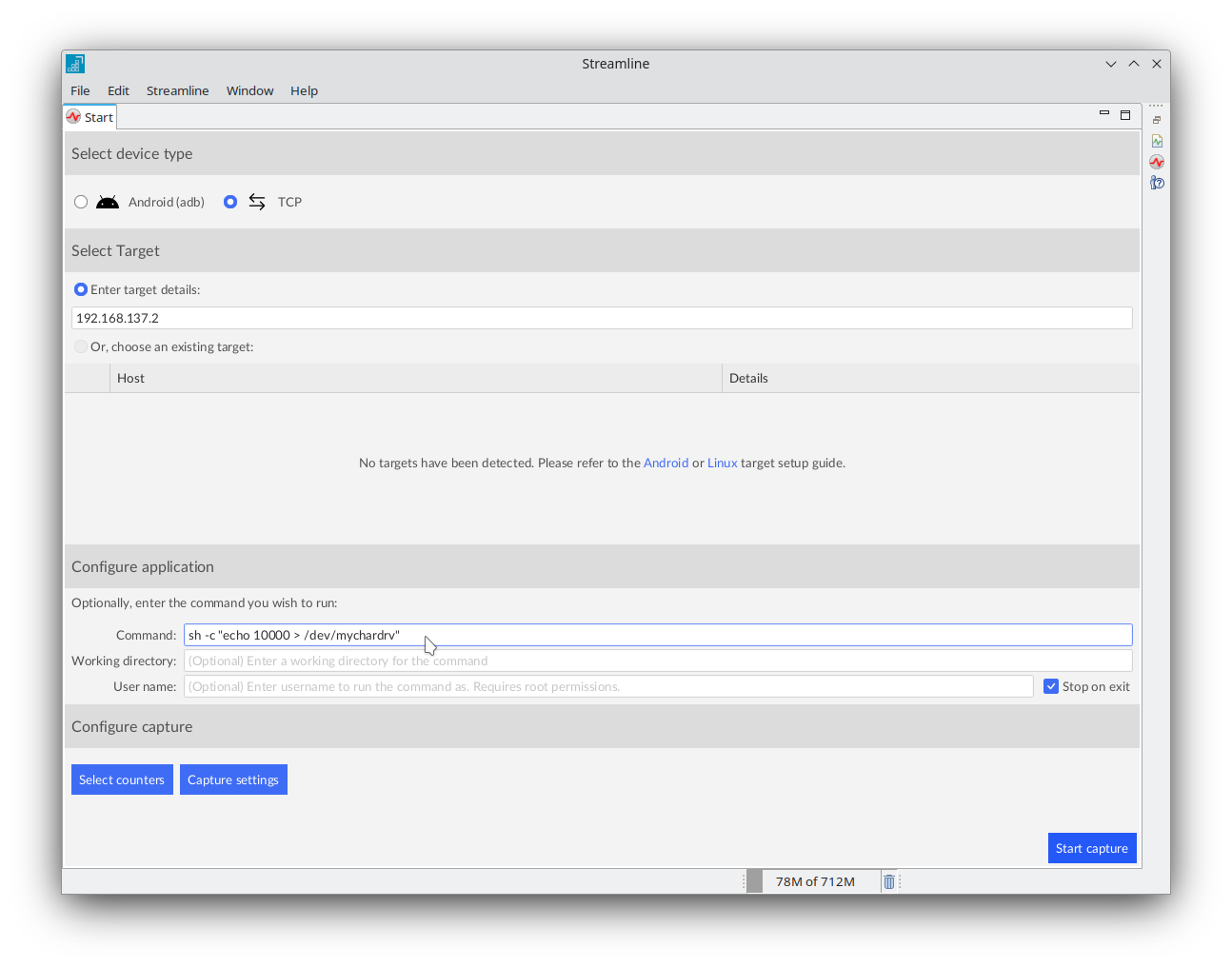 Image Alt Text:Streamline command dialog showing a field for entering the shell command to execute on the target device. The dialog includes labeled input fields and buttons for saving the command configuration. The wider environment is a desktop application window focused on performance profiling setup. Text in the image includes labels such as Command and fields for entering shell commands. The emotional tone is neutral and technical, supporting a step-by-step configuration process for Arm performance analysis. alt-text