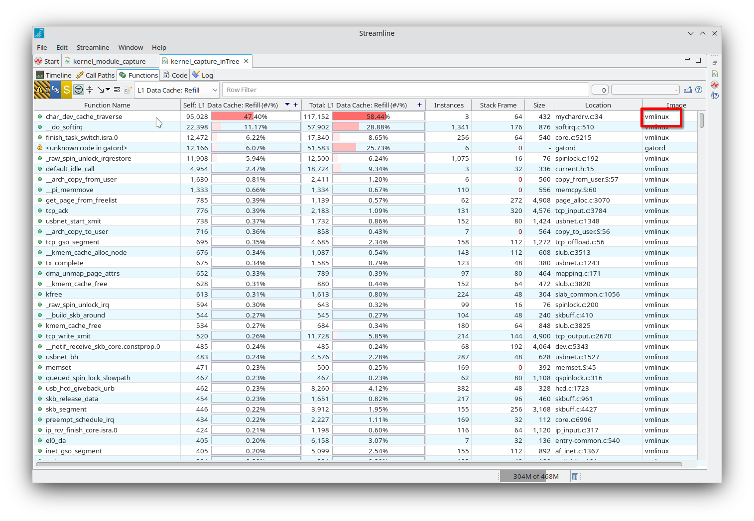 Image Alt Text:Streamline function tab displaying profiling data for vmlinux. The main area shows a list of kernel functions with columns for metrics such as sample count and percentage of total samples. The function names are clearly listed, and the selected function is highlighted. The interface uses a neutral, technical design typical of performance profiling tools. Visible text includes Function, Sample Count, and Percentage. The wider environment includes other Streamline tabs and configuration options, reinforcing a focused, analytical workflow. alt-text 
