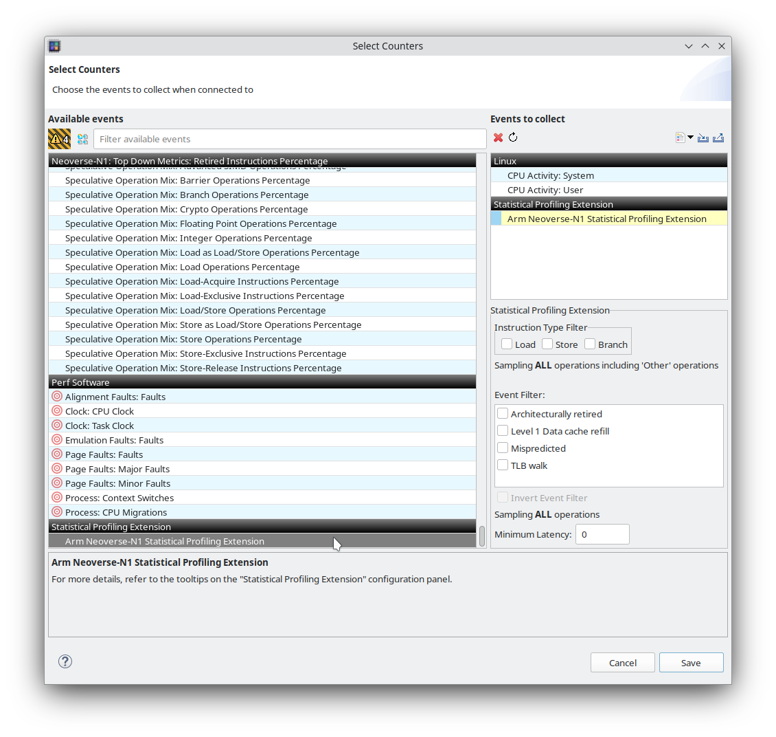 Image Alt Text:Streamline Counter Configuration dialog showing the selection of &ldquo;Arm Statistical Profiling Extension&rdquo; in the Events to Collect list. The dialog highlights available hardware counters and the SPE option for enhanced profiling. The interface is part of the Streamline profiling tool, focused on configuring performance event collection for kernel module analysis. alt-text
