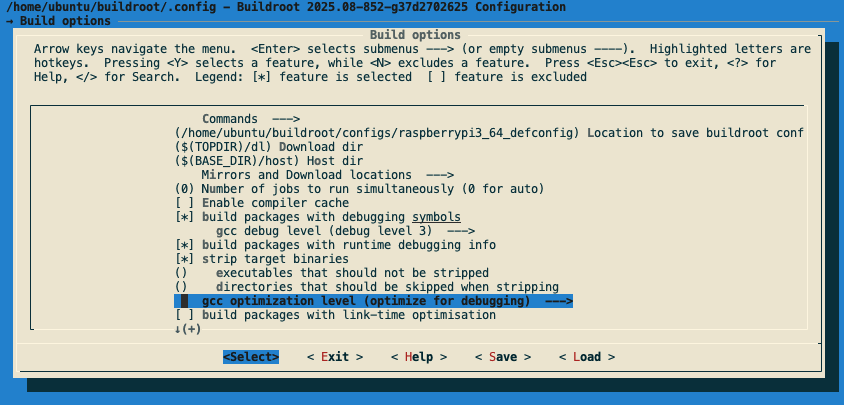Image Alt Text:Buildroot menuconfig interface showing configuration options. The screen displays a blue dialog box with white text and a highlighted menu. The main menu lists Build options, System configuration, Kernel, and Target packages. The Build options section is selected, and sub-options include build packages with debugging symbols, gcc debug level set to debug level 3, and build packages with runtime debugging info. The environment is a text-based terminal interface, typical for embedded Linux development. The tone is technical and instructional, guiding users through enabling debugging features in Buildroot. alt-text