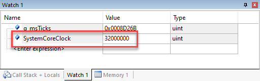 Image Alt Text:SystemCoreClock in Watch 1 Window