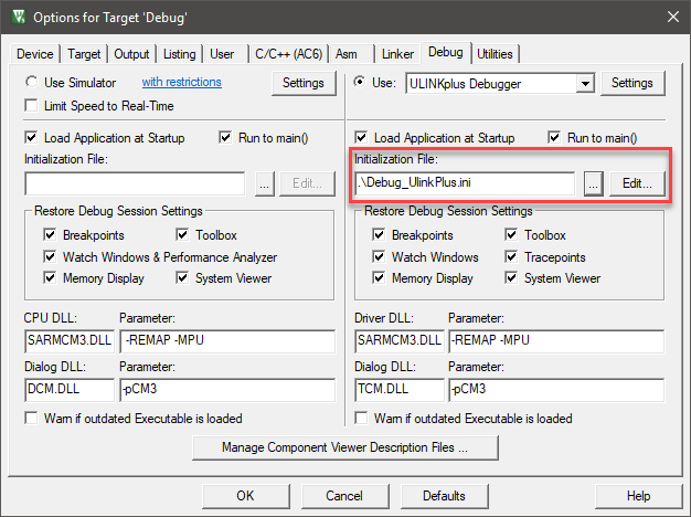 Image Alt Text:Debug_UlinkPlus.ini added to the target options