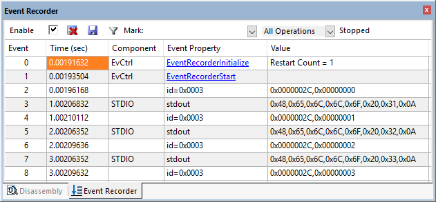 Image Alt Text:Events shown in the Event Recorder window