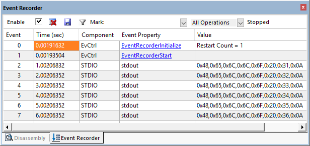 Image Alt Text:printf information in the Event Recorder window