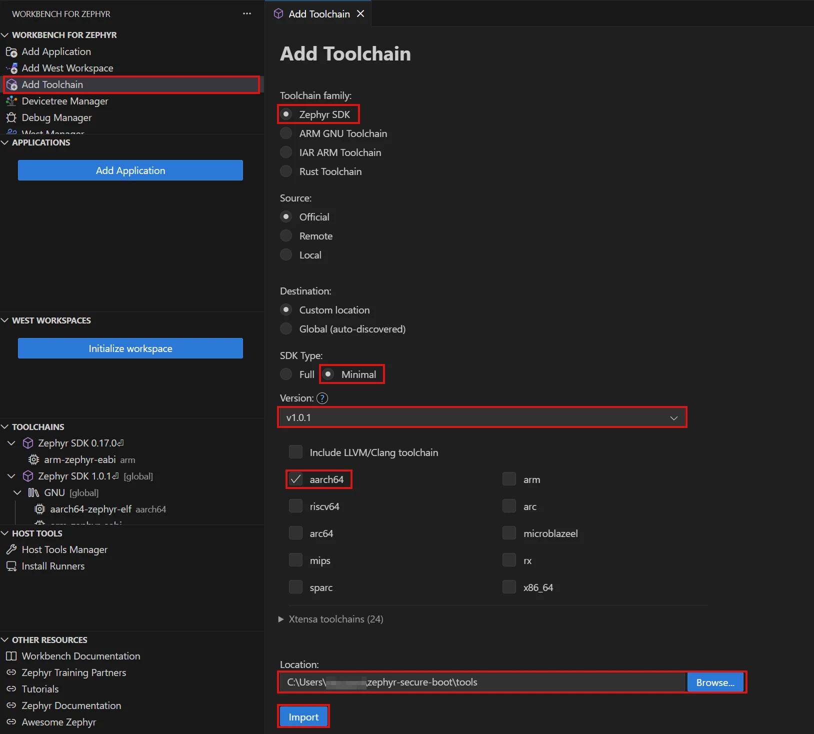 Image Alt Text:Workbench for Zephyr Add Toolchain form with Zephyr SDK 1.0.1, the Minimal SDK type, and aarch64 selected. These settings provide the compiler for both Cortex-A53 targets.