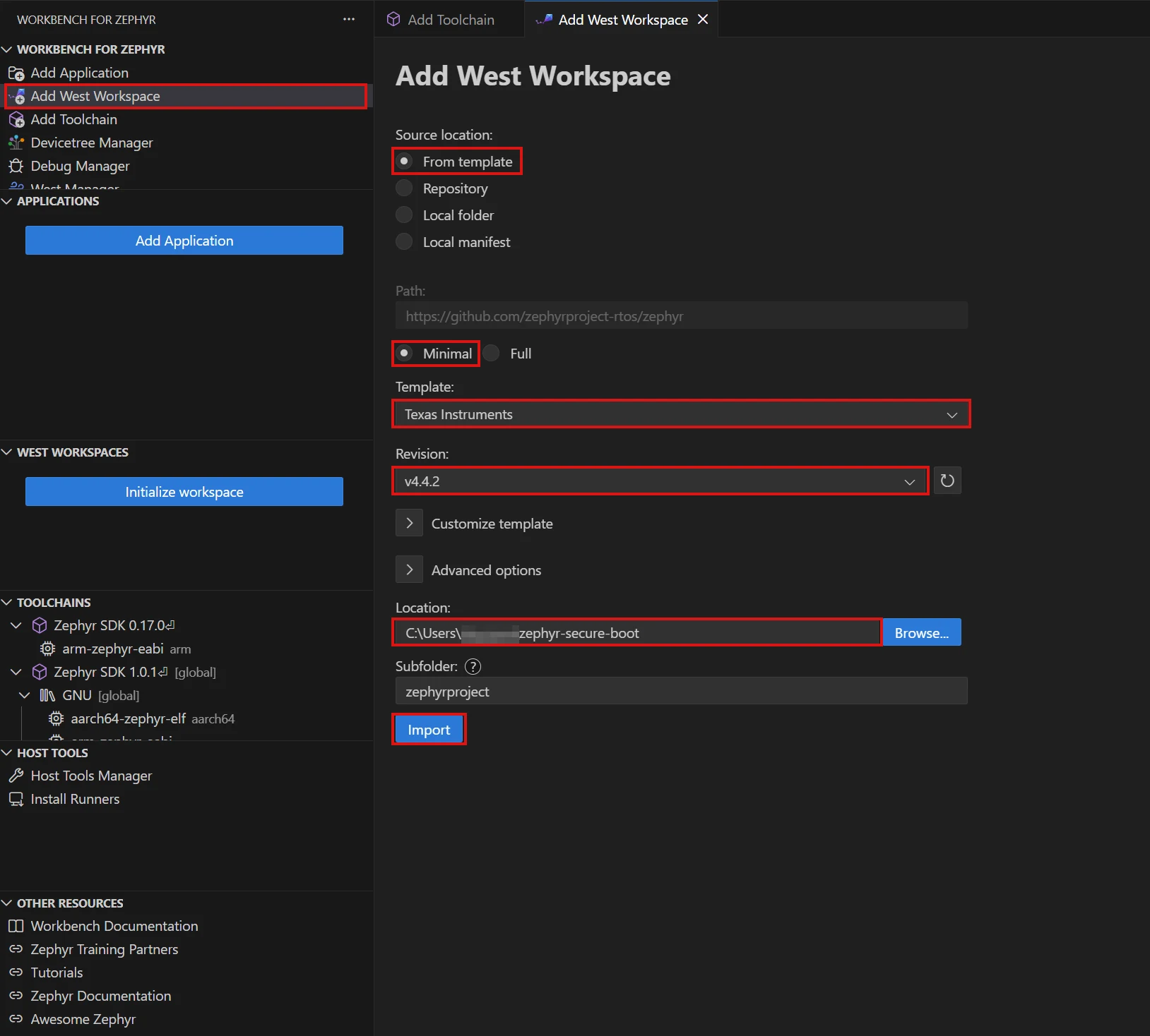 Image Alt Text:Workbench for Zephyr Add West Workspace form using the Minimal option, Texas Instruments template, and Zephyr v4.4.2. The workspace is named zephyrproject and supports either target.