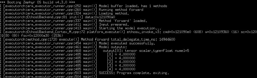 Image Alt Text:UART console output showing ExecuTorch model inference results on the MPS4 board