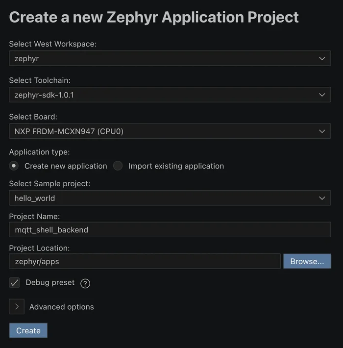 Image Alt Text:Workbench for Zephyr &ldquo;Create a new Zephyr Application Project&rdquo; wizard showing &ldquo;West Workspace&rdquo; set to &ldquo;zephyr&rdquo;, &ldquo;Toolchain&rdquo; set to &ldquo;zephyr-sdk-1.0.1&rdquo;, &ldquo;Board&rdquo; set to &ldquo;NXP FRDM-MCXN947 CPU0&rdquo;, &ldquo;Application type&rdquo; set to &ldquo;Create new application&rdquo;, &ldquo;Sample project&rdquo; set to &ldquo;hello_world&rdquo;, &ldquo;Project Name&rdquo; set to &ldquo;mqtt_shell_backend&rdquo;, and &ldquo;Project Location&rdquo; set to &ldquo;zephyr/apps&rdquo;