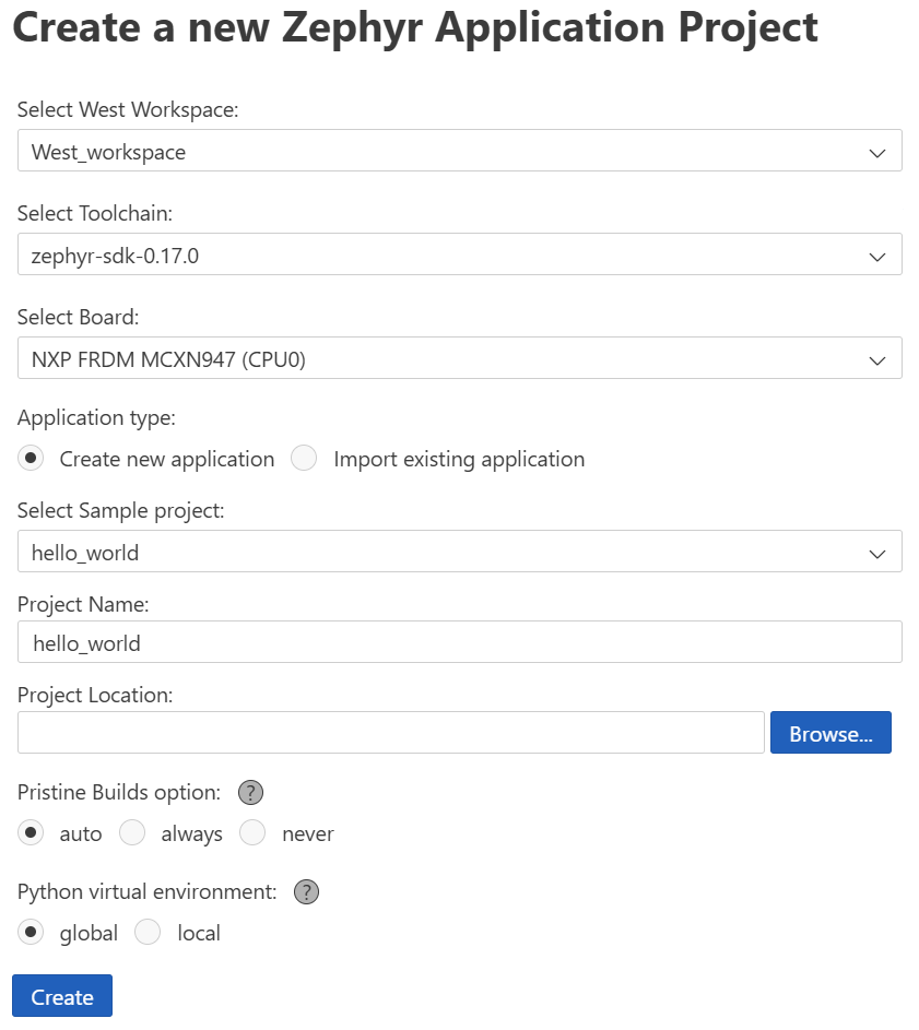 Image Alt Text:Zephyr Workbench Create New Application panel in VS Code showing workspace selection SDK version target board dropdown sample application selection and project name fields. The interface is clean and organized with clear labels and buttons. The wider VS Code environment is visible in the background with a neutral and professional tone. All text in the panel is legible and guides the user through creating a new Zephyr application. alt-text 
