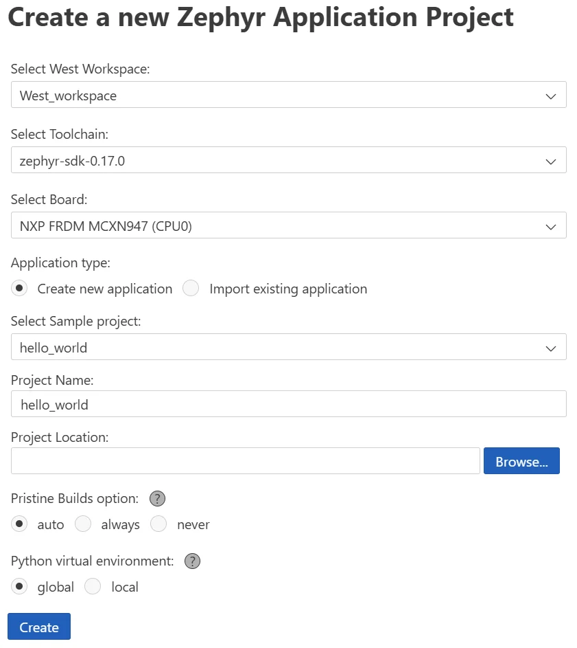 Image Alt Text:Workbench for Zephyr Create New Application panel in VS Code showing fields for workspace selection, SDK version, target board, sample application, and project name