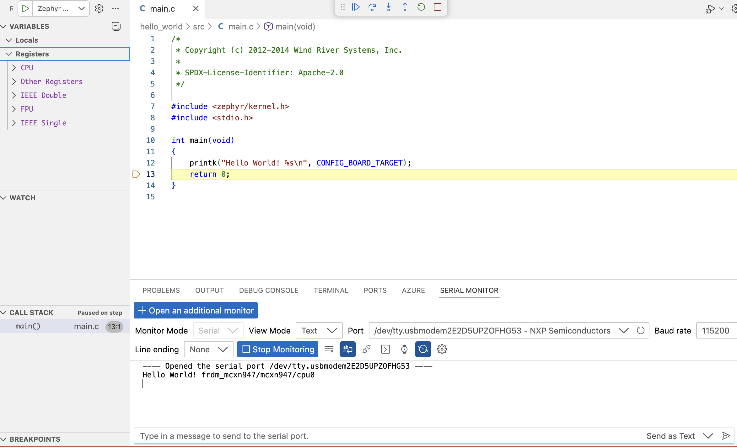 Image Alt Text:VS Code window displaying the Zephyr Workbench Debug Application panel. The main subject is the debug interface showing active debugging controls, breakpoints, and variable watch windows. The environment is a technical workspace with the Zephyr Workbench sidebar open in Visual Studio Code. Visible text includes Debug Application, Breakpoints, Variables, and Call Stack. The tone is neutral and focused on software development tasks. alt-text 