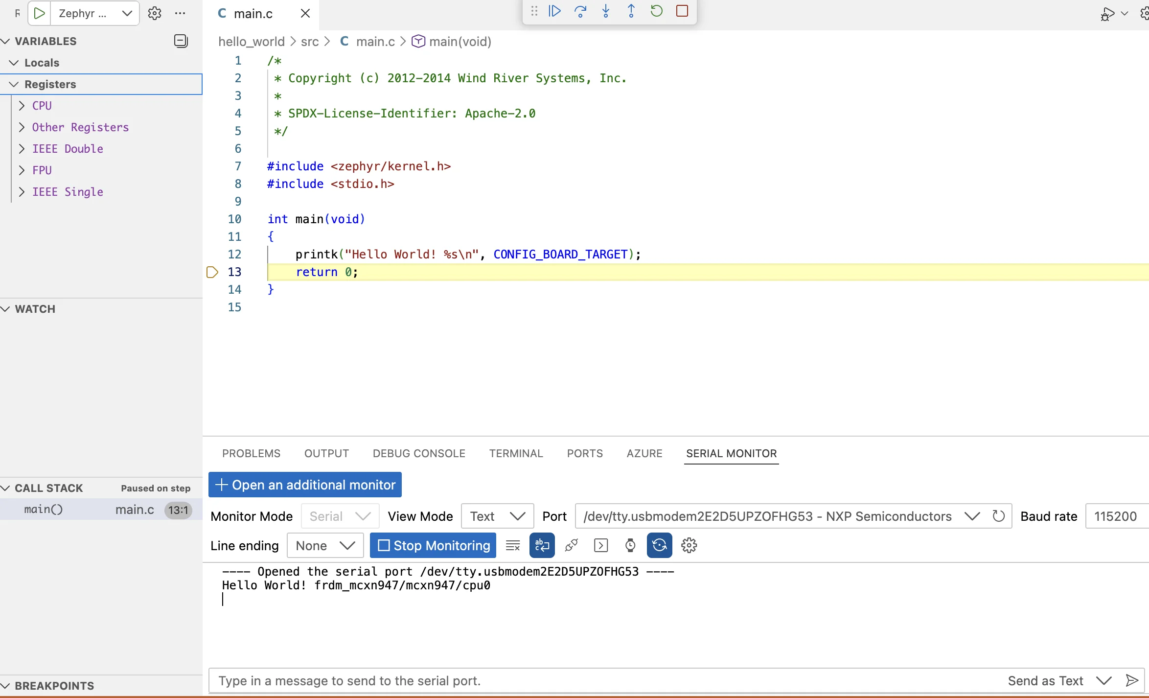 Image Alt Text:Workbench for Zephyr debug session in VS Code showing the Debug Application panel with active breakpoints, the call stack, and variable watch windows for a Zephyr application running on Arm Cortex-M