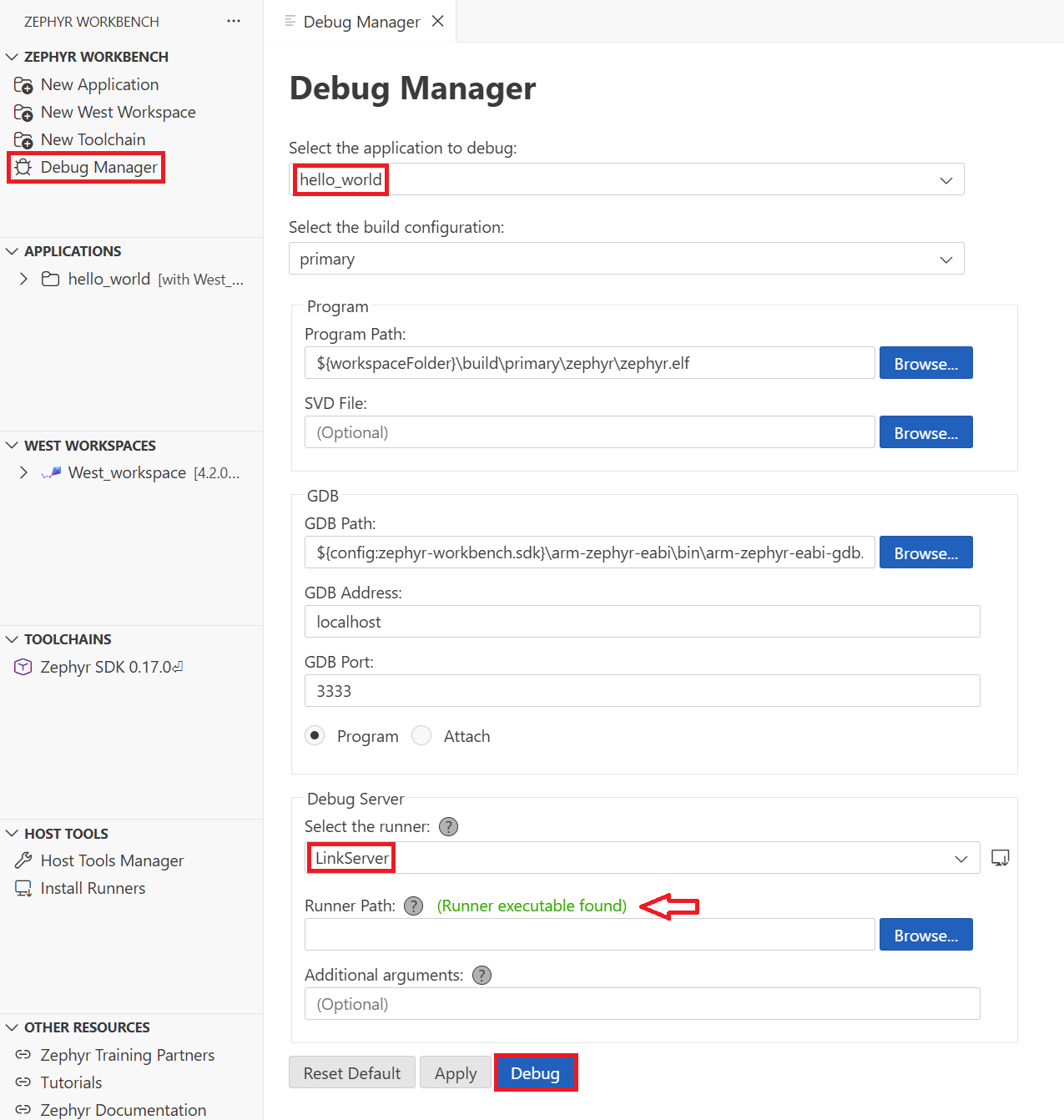 Image Alt Text:Debug Manager panel in Workbench for Zephyr showing a list of connected debug runners and configuration options. The interface displays fields for selecting the runner executable path, board profile, and status indicators for each tool. The environment is a VS Code window with the Zephyr Workbench sidebar open. The tone is technical and neutral. Visible text includes Debug Manager, Runner Path, Board Profile, and status labels for detected runners.alt-text 