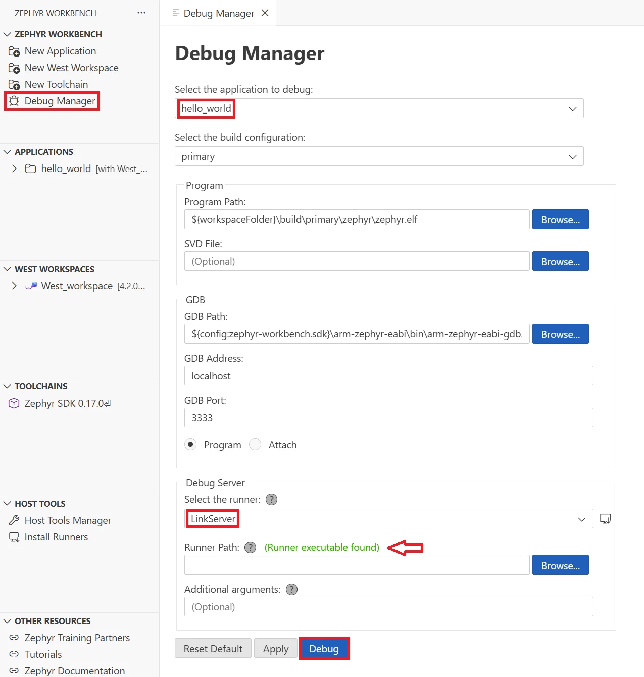 Image Alt Text:Debug Manager panel in Workbench for Zephyr showing fields for selecting a debug runner, entering the runner executable path, and choosing a board profile