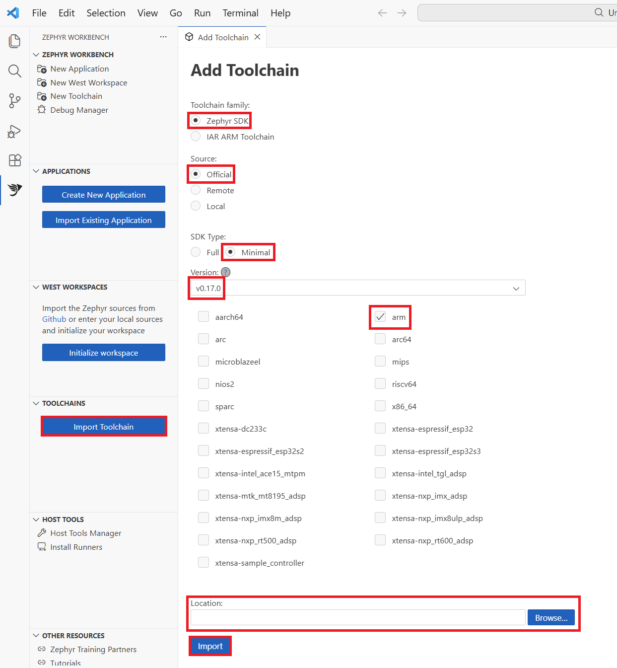 Image Alt Text:Workbench for Zephyr Import Toolchain panel in Visual Studio Code. The panel displays options for selecting the toolchain family, SDK type, version, and target architectures. Visible text includes Import Toolchain, Zephyr SDK, Minimal, v0.17.0, v0.17.3, and arm. The interface is organized and user-friendly, with clearly labeled dropdown menus and buttons. The overall tone is instructional and welcoming, set within a modern code editor workspace. alt-text 