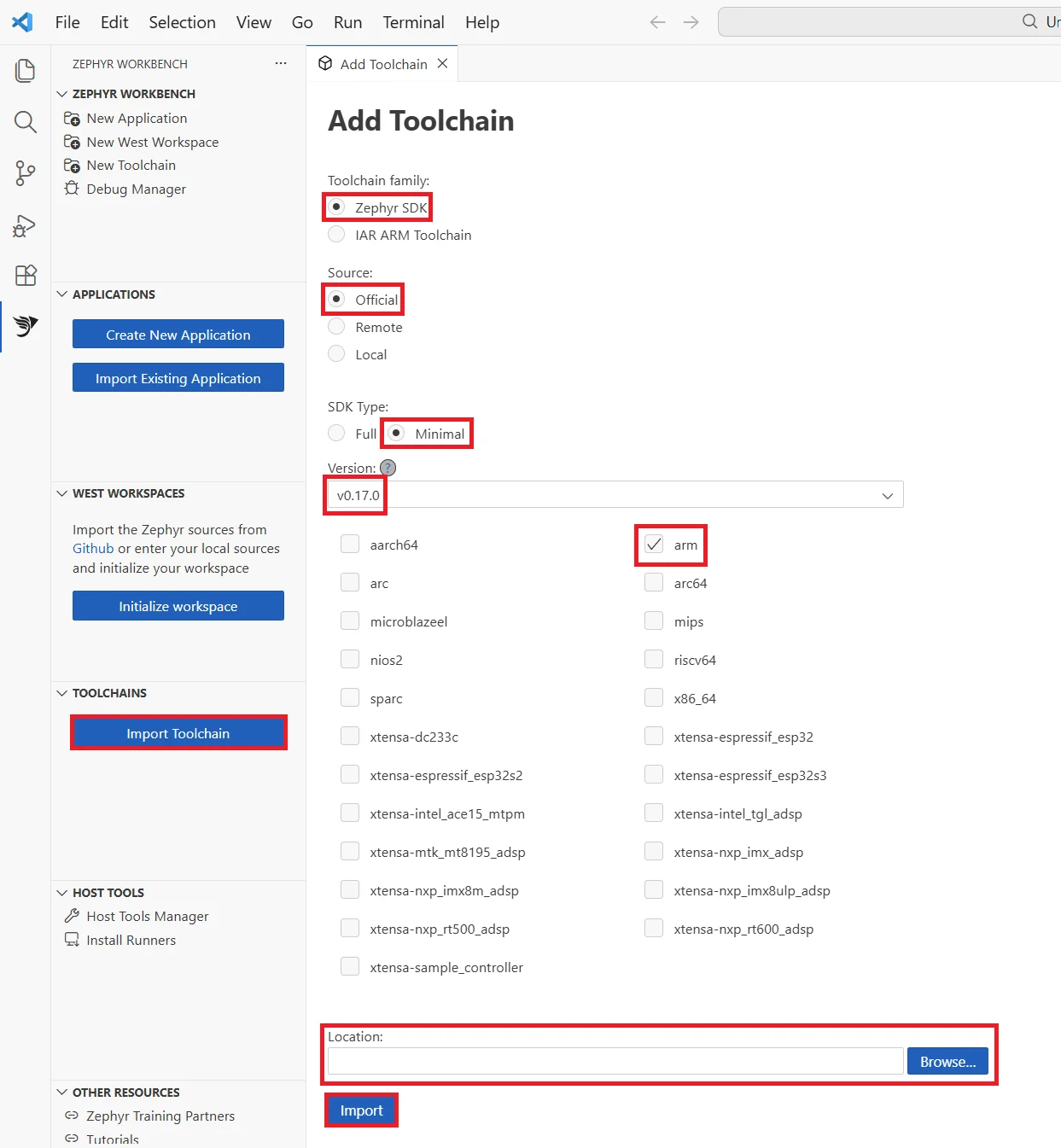 Image Alt Text:Workbench for Zephyr Import Toolchain panel in Visual Studio Code showing dropdown menus for selecting toolchain family, SDK type, version, and target architectures including Zephyr SDK, Minimal, and arm options