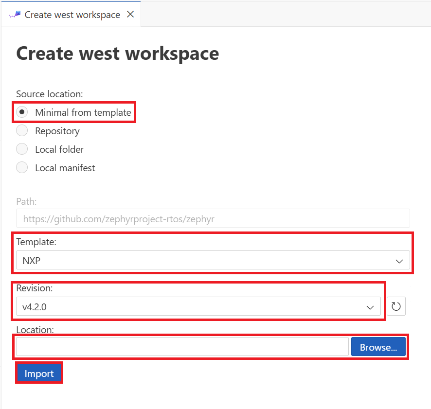 Image Alt Text:Workbench for Zephyr Initialize Workspace panel in Visual Studio Code. The panel displays options for setting up a new West workspace, including fields for source location, template selection, Zephyr version, and workspace directory. Visible text includes Initialize Workspace, Minimal from template, https://github.com/zephyrproject-rtos/zephyr, STM32, NXP, v3.7.0, v4.1.0, and Import. The interface is organized and user-friendly, with dropdown menus and buttons clearly labeled. The overall tone is instructional and welcoming, set within a modern code editor workspace. alt-text