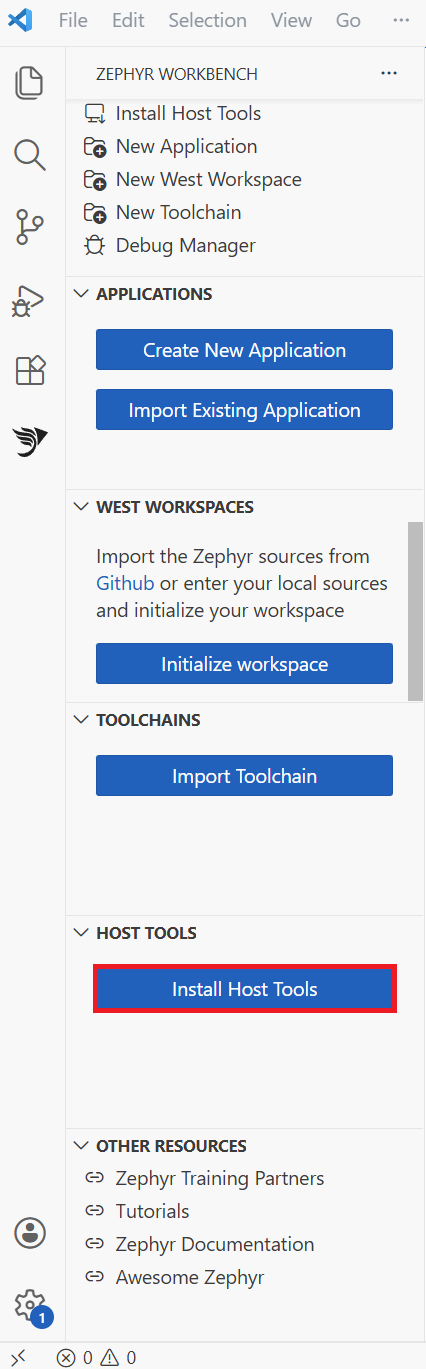 Image Alt Text:Workbench for Zephyr extension panel in Visual Studio Code showing the Install Host Tools button highlighted. The panel lists required tools such as Python, CMake, Ninja, Git, and Device Tree Compiler. The environment is a modern code editor interface with a sidebar and clear labels. The tone is instructional and welcoming. Visible text includes Install Host Tools and a checklist of dependencies to be installed. alt-text