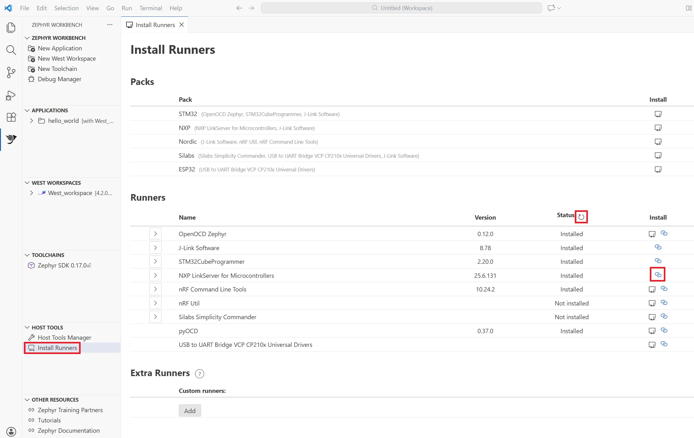 Image Alt Text:Install Debug Runners panel in Workbench for Zephyr showing a list of available debug runner tools including OpenOCD, J-Link, LinkServer, and STM32CubeProgrammer with status indicators and install buttons