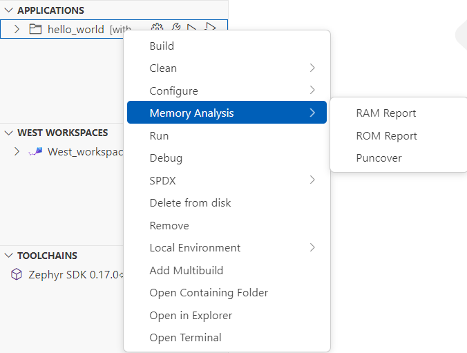 Image Alt Text:Workbench for Zephyr Memory Analysis panel displaying a detailed memory usage report. The main subject is a table listing memory sections, allocation sizes, percentages, addresses, and section names for an embedded Zephyr application targeting Arm Cortex-M. The environment is a technical workspace within Visual Studio Code, with the Zephyr Workbench sidebar open. Visible text includes Memory Analysis, RAM usage, ROM usage, and Puncover analysis. The tone is neutral and focused on software development and debugging tasks. alt-text