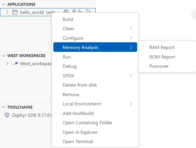 Image Alt Text:Workbench for Zephyr Memory Analysis panel in VS Code showing a RAM usage report with a tree of memory sections, sizes, percentages, and addresses for a Zephyr application targeting Arm Cortex-M