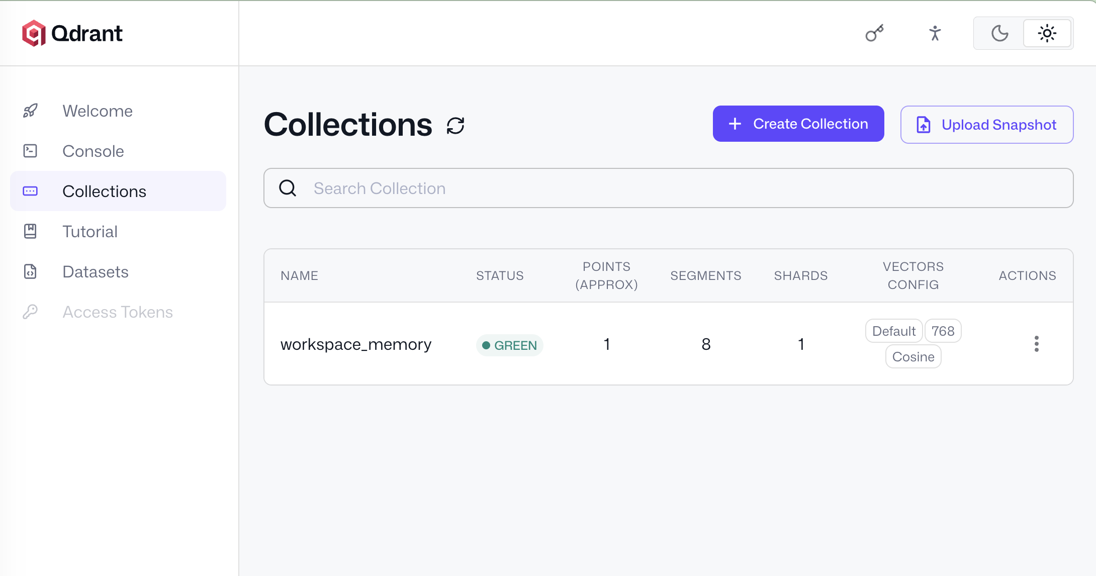 Image Alt Text:Qdrant dashboard showing the workspace_memory collection, confirming that Hermes created the collection
