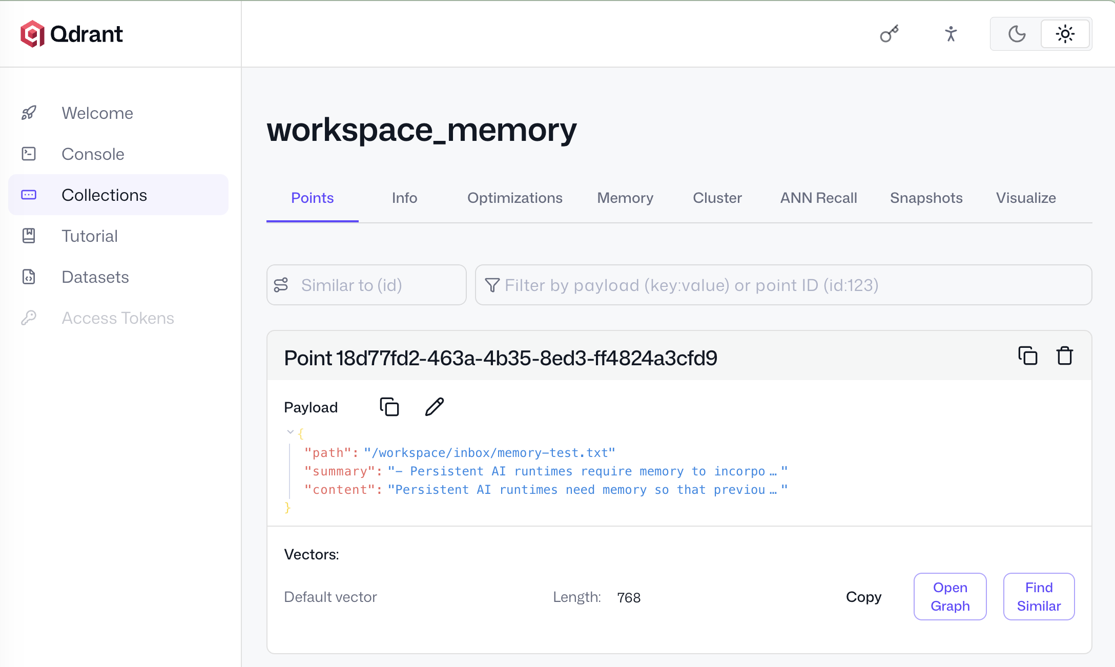 Image Alt Text:Qdrant workspace_memory collection showing stored vectors and payload fields