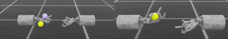 Image Alt Text:Side-by-side Isaac Lab simulations of two Shadow Hands transferring an object. The early policy shows uncoordinated hand positions, while the trained policy brings both hands together to complete the handover.