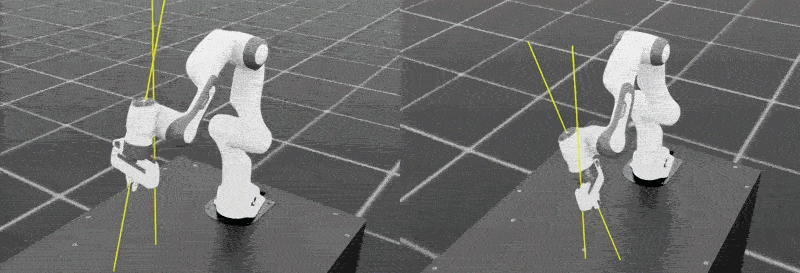 Image Alt Text:Franka Reach training comparison that shows early and late policy behavior. The left side shows less stable motion around iteration 100, and the right side shows improved target tracking near iteration 999.
