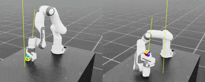 Image Alt Text:Side-by-side Isaac Lab simulations of the Franka lift task. The early policy has not established a stable grasp, while the later policy holds the cube securely as it lifts it from the table, showing improved contact control.
