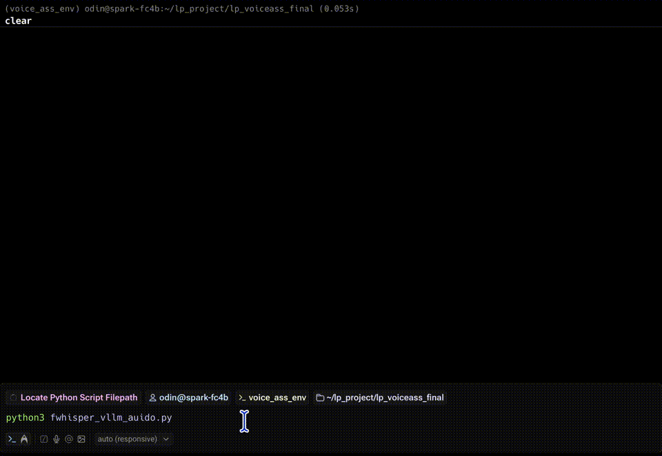 Image Alt Text:Animated terminal session showing real-time speech-to-text transcription and AI responses in a multi-turn customer service conversation, with a volume bar at the bottom indicating live audio input levels from a microphone alt-txt