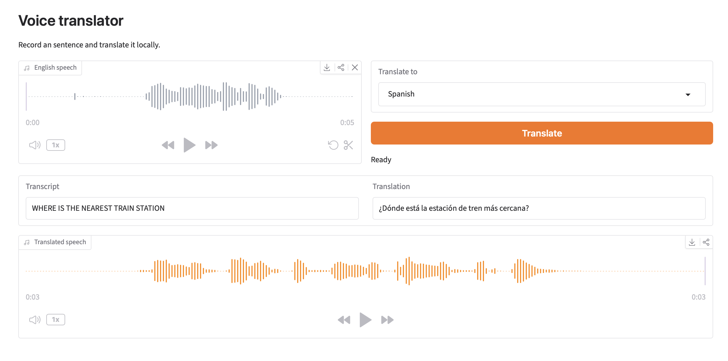 Image Alt Text:Gradio voice translator showing the English transcript, Spanish translation, and playable translated speech with Ready status