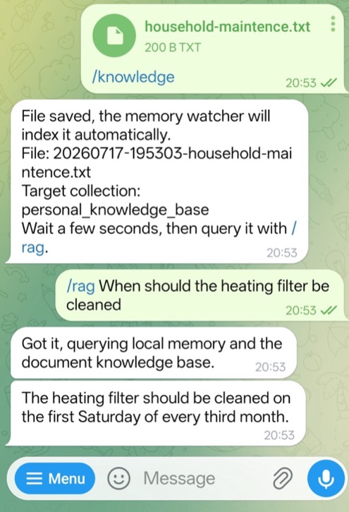 Image Alt Text:Telegram conversation showing household-maintenance.txt uploaded with the knowledge caption, saved to personal_knowledge_base, and retrieved with a general rag question