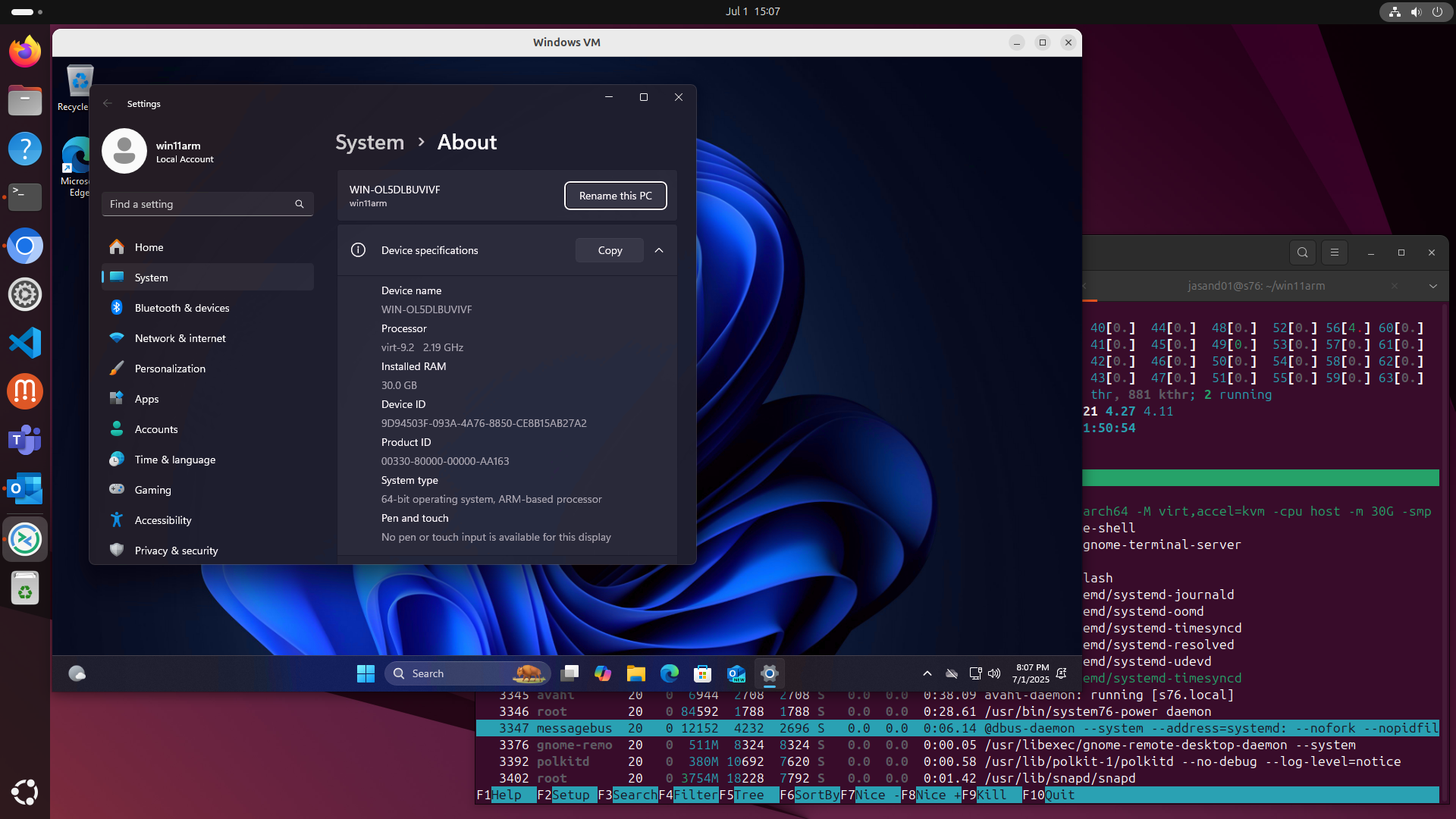 Image Alt Text:Screenshot showing the Windows 11 desktop running in a virtual machine on an Arm-based Linux system. The Windows Start menu and taskbar are visible, confirming successful VM launch and RDP connection. alt-text
