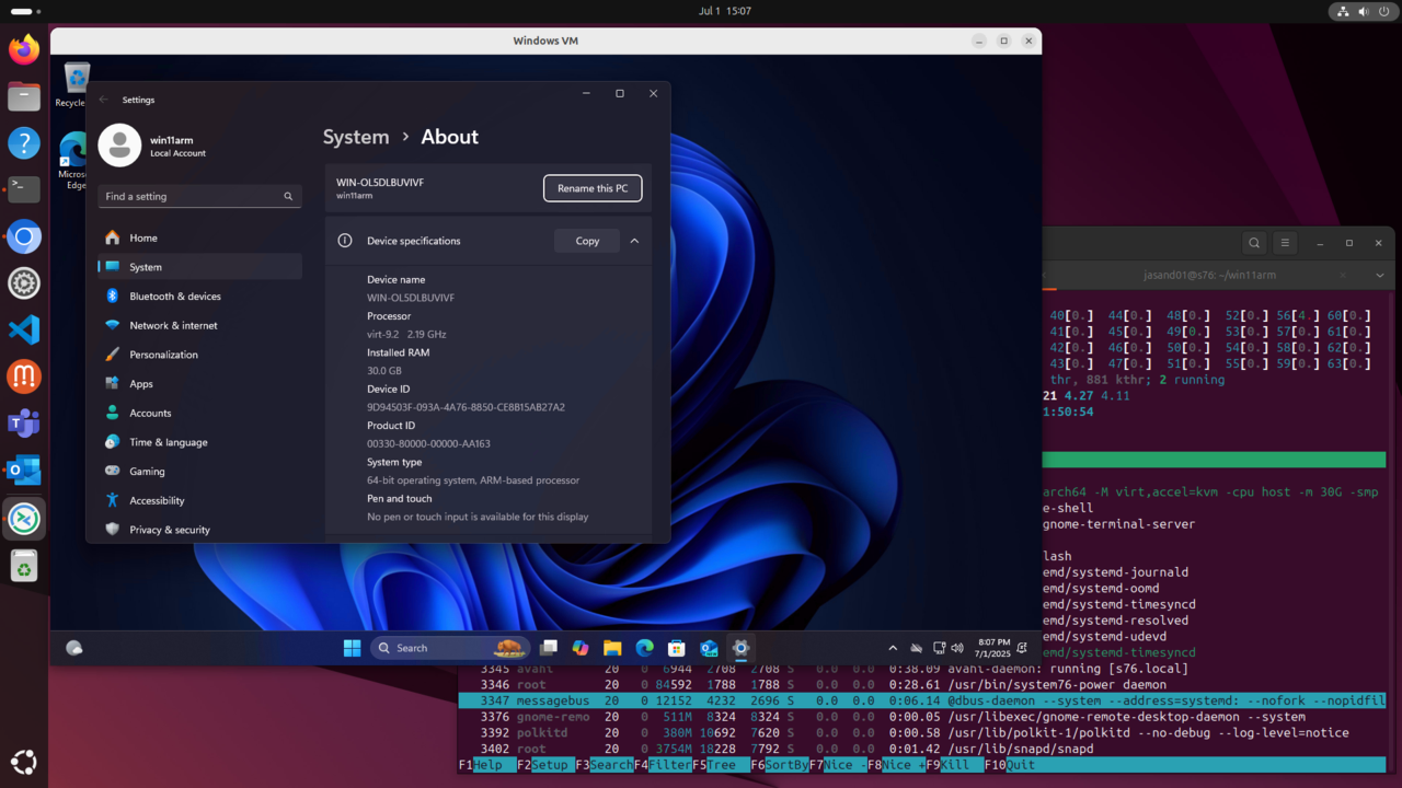 Image Alt Text:Screenshot showing the Windows 11 desktop running in a virtual machine on an Arm-based Linux system. The Windows Start menu and taskbar are visible, confirming successful VM launch and RDP connection. alt-text