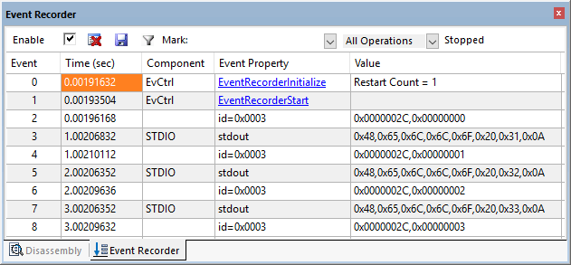 Image Alt Text: Events shown in the Event Recorder window