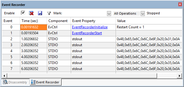 Image Alt Text: printf information in the Event Recorder window