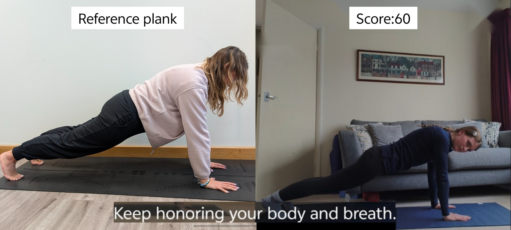 Image Alt Text:AI Plank Tutor comparing a reference plank on the left with the learner&rsquo;s live camera view on the right. The app displays a pose score of 60 and coaching feedback below the two images.