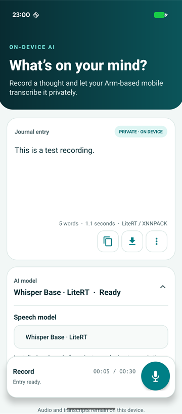 Image Alt Text:Whisper Journal showing a completed English transcript with its word count, transcription time, LiteRT and XNNPACK backend, and entry action buttons.