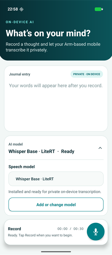 Image Alt Text:Whisper Journal with Whisper Base and LiteRT selected. The model status confirms that the package is installed and ready for private on-device transcription.