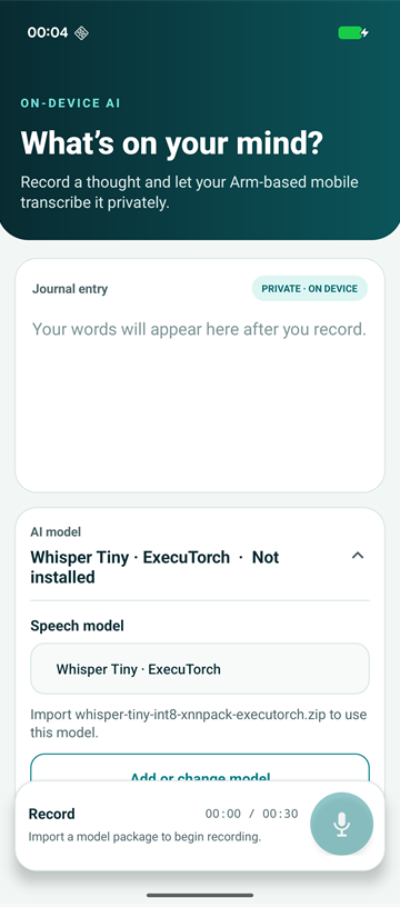 Image Alt Text:Whisper Journal first-launch screen with an empty journal entry, no model installed, and recording disabled. The model setup message shows that you must import a model before recording.