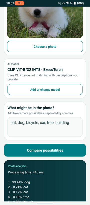 Image Alt Text:Photo Insight ExecuTorch CLIP Custom Match result for the same white Samoyed puppy. The result panel shows a 410 millisecond processing time and ranks dog first with a 99.41 percent relative score.