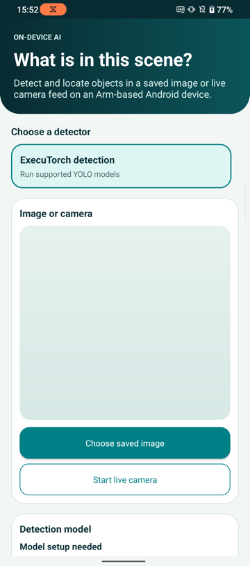 Image Alt Text:Scene Detector first-launch screen with ExecuTorch detection selected. The empty image area and Model setup needed message show that no model or image has been imported yet.