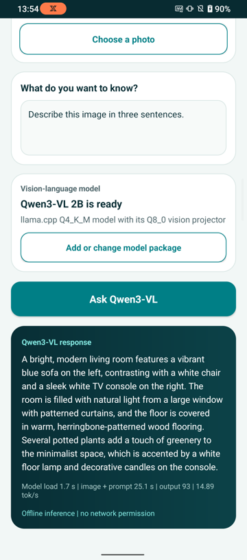 Image Alt Text:Vision Chat showing a generated Qwen3-VL response for the sample image. The result panel includes model-load, image-and-prompt, output-token, and decode-speed measurements.