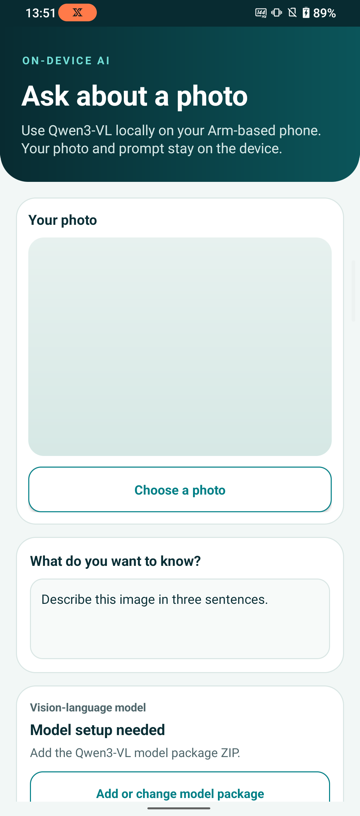 Image Alt Text:Vision Chat first-launch screen with an empty image area and a prompt field. The model section reports that setup is needed.