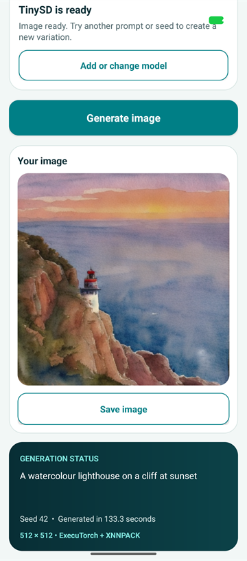 Image Alt Text:TinySD Studio showing a generated watercolor lighthouse on a cliff at sunset with seed 42, the generation time, 512 by 512 resolution, and ExecuTorch with XNNPACK.