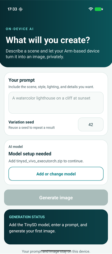 Image Alt Text:TinySD Studio first-launch screen with the prompt and seed controls, a Model setup needed message, and Generate image unavailable because no model package has been imported.