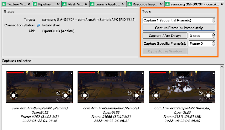 Image Alt Text:Capture frame controls in RenderDoc